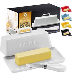 Ceramic Butter Dish Set with Lid and Knife – [White]- Decorative Butter Stick Holder with Handle for 1 Stick of Butter – Microwave Safe, Dishwasher Safe – Anti-Scratch Stickers Included.