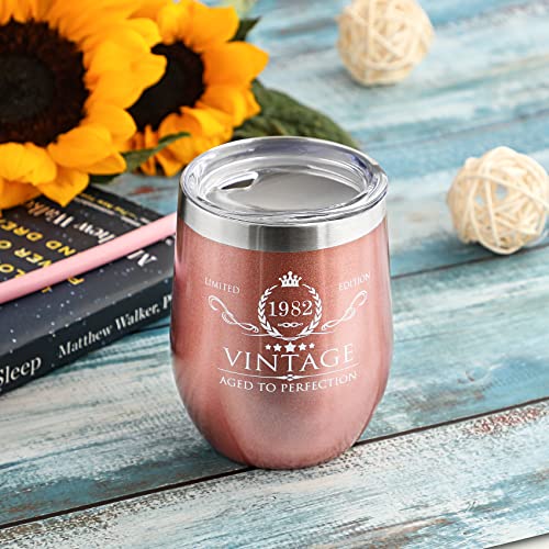 40th Birthday Gifts for Women, Men – VINTAGE 1982 – Unique Funny 40th Bday Gift Idea for Her, Mom, Wife – 40th Birthday Decoration – 12oz Wine Tumbler, Vacuum Cup w Lid & Straw, Rose Gold | The Storepaperoomates Retail Market - Fast Affordable Shopping