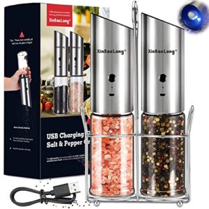[Most Popular Kitchen Gadgets]USB Rechargeable Electric Salt and Pepper Grinder Set,XinBaoLong Stainless Steel Pepper Grinder Refillable,Adjustable Coarseness,Gravity Salt and Pepper Grinder Set
