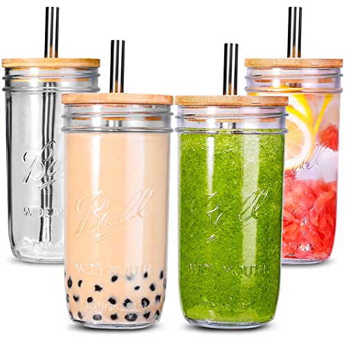 Bubble Tea Cups 4 Pack 24 oz, Reusable Wide Mason Mouth Smoothie Cups, Iced Coffee Cups With Bamboo Lids and Silver Straws Mason Jar Drinking Glasses Cups, Travel Glass Drinking Bottle | The Storepaperoomates Retail Market - Fast Affordable Shopping