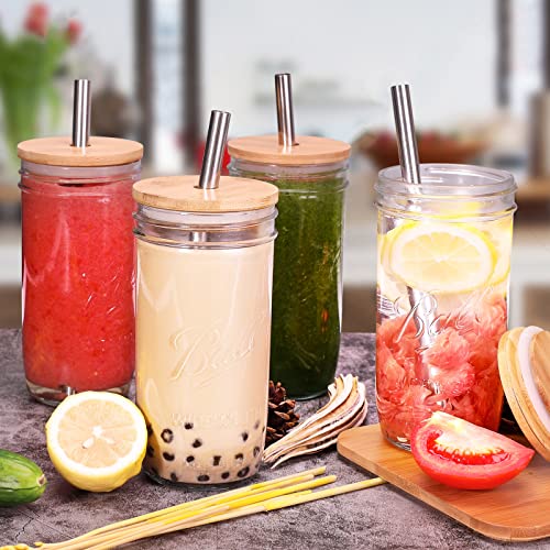 Bubble Tea Cups 4 Pack 24 oz, Reusable Wide Mason Mouth Smoothie Cups, Iced Coffee Cups With Bamboo Lids and Silver Straws Mason Jar Drinking Glasses Cups, Travel Glass Drinking Bottle | The Storepaperoomates Retail Market - Fast Affordable Shopping