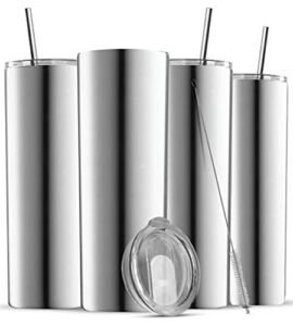 Insulated Skinny Stainless Steel Tumbler Set – 4-Pack 20oz Coffee Tumbler with Straw – Travel Coffee Mug With PBA Free Lids – Slim Vacuum Insulated Tumblers Keep Hot and Cold – Great for Home, Office.