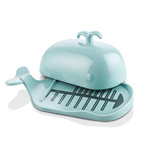 DOWAN Whale Butter Dish, Cute Butter Dish, Funny Gifts for Mom Wife Friends, Fish Bone Cutting Measuring Lines and Tail Non-slip Design, Ideal Decor Gift for Birthday Wedding Housewarming, Turquoise