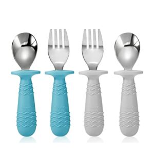 PandaEar 4 Set Baby Toddler Silicone Stainless Steel Utensils Silverware Spoon Fork for Baby Toddler BPA Free with Silicone Holding Anti-Choke Design (Blue&Grey)