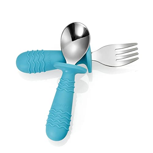 PandaEar 4 Set Baby Toddler Silicone Stainless Steel Utensils Silverware Spoon Fork for Baby Toddler BPA Free with Silicone Holding Anti-Choke Design (Blue&Grey) | The Storepaperoomates Retail Market - Fast Affordable Shopping