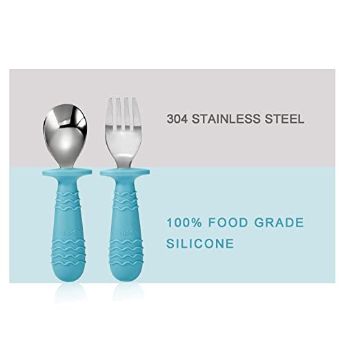 PandaEar 4 Set Baby Toddler Silicone Stainless Steel Utensils Silverware Spoon Fork for Baby Toddler BPA Free with Silicone Holding Anti-Choke Design (Blue&Grey) | The Storepaperoomates Retail Market - Fast Affordable Shopping