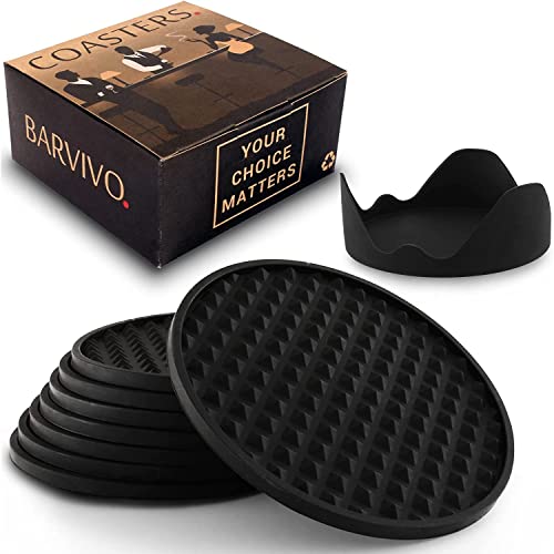 Barvivo Silicone Coasters with Holder Set of 8 – Cup Coasters for Indoor and Outdoor, Perfect Durable Coaster for Tabletop Protection, Anti Slip, Suitable for All Drinks & Table Types – Black | The Storepaperoomates Retail Market - Fast Affordable Shopping