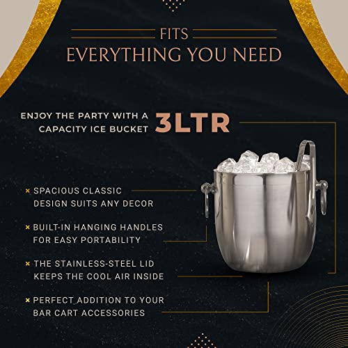Bellemain Stainless Steel Ice Bucket with Lid – Double Wall Insulated Ice Bucket for Cocktail Bar, Parties, Buffet – Bartender Ice Cube Holder with Drip Tray, Tongs – 3 Liter Large Ice Container | The Storepaperoomates Retail Market - Fast Affordable Shopping