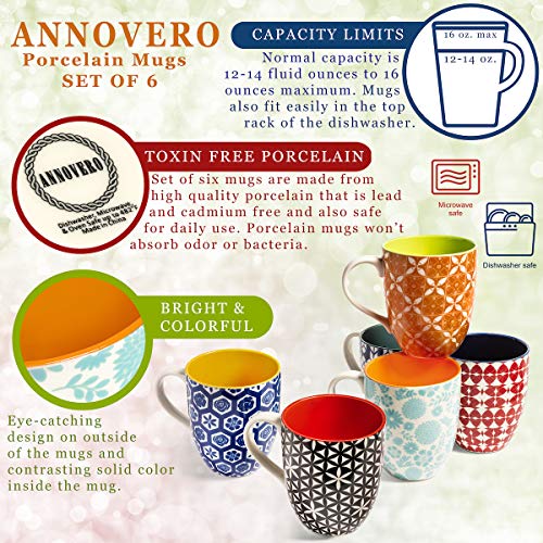 Annovero Coffee Mugs, Set of 6 Modern Colorful Cute Porcelain Mugs/Cups with Large Handle, for Women or Men, Great for Tea, Cocoa or Hot Chocolate, 16 Fluid Ounce Capacity | The Storepaperoomates Retail Market - Fast Affordable Shopping