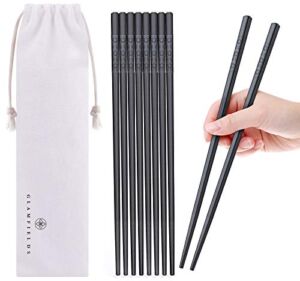 5 Pairs Fiberglass Chopsticks, GLAMFIELDS Reusable Japanese Chinese Chop sticks Dishwasher Safe, Non-slip, 9 1/2 inches – Black with Multi-purpose Drawstring Bag Carrying Case