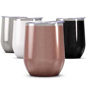 Maars Bev Stainless Steel Stemless Wine Glass Tumbler with Lid, Vacuum Insulated 12 oz Cup | Spill Proof, Travel Friendly, Classic Cocktail Drinkware – Rose Gold