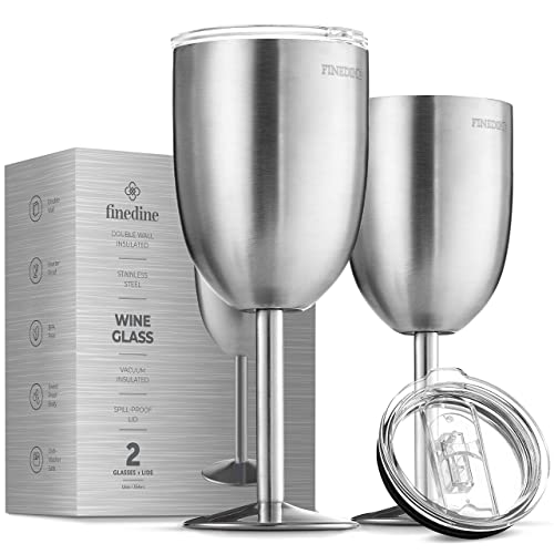 FineDine Premium Grade 18/8 Stainless Steel Wineglasses 12 Oz. Double-Walled Insulated Unbreakable Goblets (Set of 2) Stemmed Wineglass BPA-Free Leak-Resistant Lid for Red White Wine, Brushed Metal | The Storepaperoomates Retail Market - Fast Affordable Shopping