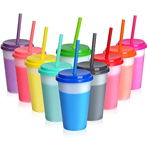 Plastic Kids Cups with Lids and Straws – 10 Pack 12 oz Reusable Tumbler with Straw | Color Changing Cup with Lid Adults Bulk Travel Tumblers Drinking Cups for Cold Coffee | The Storepaperoomates Retail Market - Fast Affordable Shopping