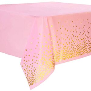 108″x54″ 4 Packs Pink and Gold Disposable Party Tablecloth for Rectangle Table, Gold Stamping Dot Confetti Rectangular Plastic Table Cover, for Bachelorette, Girl Birthday and Baby Shower, Wedding