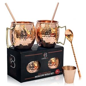 Copper-Bar Moscow Mule Copper Mugs – Set of 2 – 100% HANDCRAFTED Pure Solid Copper Mugs – 16 Oz, Gift Set With Cocktail Copper Straws, Copper Shot Glass & Copper Stirrer
