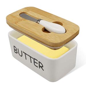 Porcelain Butter Dish with Bamboo Lid and Knife Airtight Silicone Sealing Butter Container is Good for Kitchen, Baking and Gift