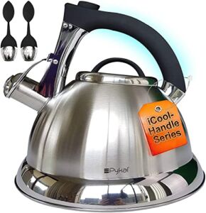 Whistling Tea Kettle with iCool – Handle, Surgical Stainless Steel Teapot for Stovetop, 2 FREE Infusers Included, 3 Quart by Pykal