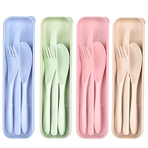 Travel Utensil Set with Case, 4 Sets Wheat Straw Reusable Spoon Knife Forks Tableware, Eco Friendly Non-toxin BPA Free Portable Cutlery for Travel Picnic Camping or Daily Use | The Storepaperoomates Retail Market - Fast Affordable Shopping