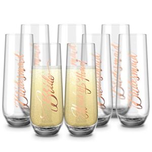 KooK Bridal Stemless Glass Champagne Flutes, Cocktail Cups for Rose, Prosecco, Mimosa, Great for Bachelorette Parties, 10.5 oz, Set of 8