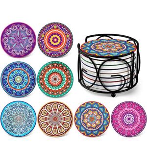 Teivio Absorbing Stone Mandala Ceramic Coasters for Drinks Cork Base with Holder, for Friends Funny Birthday Housewarming Apartment Kitchen Bar Decor, Suitable for Wooden Table, Coffee Table, Set of 8