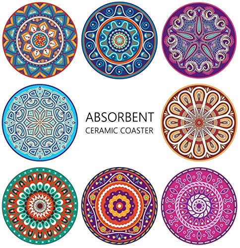 Teivio Absorbing Stone Mandala Ceramic Coasters for Drinks Cork Base with Holder, for Friends Funny Birthday Housewarming Apartment Kitchen Bar Decor, Suitable for Wooden Table, Coffee Table, Set of 8 | The Storepaperoomates Retail Market - Fast Affordable Shopping