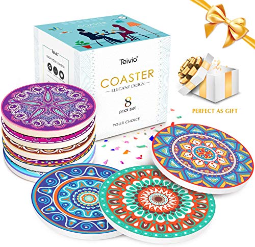 Teivio Absorbing Stone Mandala Ceramic Coasters for Drinks Cork Base with Holder, for Friends Funny Birthday Housewarming Apartment Kitchen Bar Decor, Suitable for Wooden Table, Coffee Table, Set of 8 | The Storepaperoomates Retail Market - Fast Affordable Shopping