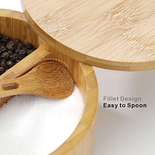 KITCHENDAO Bamboo Salt and Pepper Bowl Box Cellar Container Divided, Built-in Serving Spoon to Avoid Dust, Swivel Lid to Keep Dry, Sea Salt Spice Seasoning Keeper Holder, Dual 7 Ounce Capacity | The Storepaperoomates Retail Market - Fast Affordable Shopping