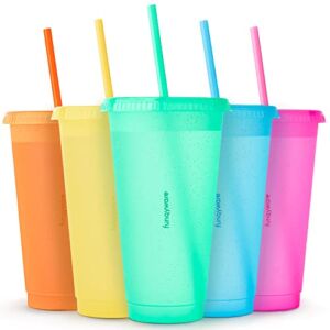 Cups with Lids and Straws for Adults – 5 Glitter Reusable Cups with Lids and Straws in Rainbow Colors, 24 oz Iced Coffee & Bulk Party Tumblers, Plastic Tumbler with Lid and Straw for Water & Smoothie