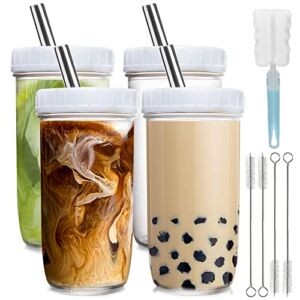 Reusable Bubble Tea Cup 4 Pack 24Oz, Iced Coffee Cups Wide Mouth Smoothie Boba Cup with Lid, Silver Straws, Clean Brush, Mason Jars Glass Cups, Travel Drinking Bottle BPA Free