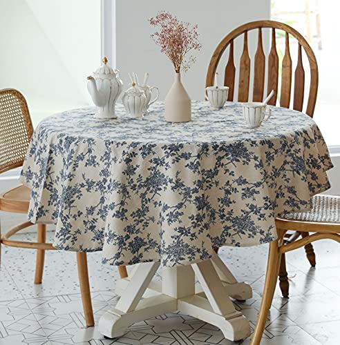 Pastoral Round Tablecloth – 60 Inch Dia. – Linen Fabric Table Cloth – Washable Table Cover with Dust-Proof Wrinkle Resistant for Restaurant, Picnic, Indoor and Outdoor Dining, Floral (Dark Blue) | The Storepaperoomates Retail Market - Fast Affordable Shopping