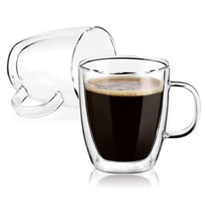 Double Wall Glass Coffee mugs, (Set of 2) 12 Ounces-Clear Glass Coffee Cups with Handle,Insulated Coffee Glass,Cappuccino Cups,Tea Cups,Latte Cups,Beverage Glasses