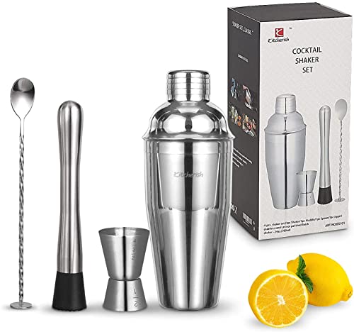 Cocktail Shaker Set Bartender Kit for Alcoholic Drinks -4 Piece Classic Stainless Steel Drink Mixer Set Essential Cocktail Bar Tool Set, Home/Bar Cart Accessories with 24 oz Shaker Cup (Sliver) | The Storepaperoomates Retail Market - Fast Affordable Shopping