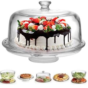 Extra Large (12″) 6 in 1 Acrylic Cake Stand with Dome Lid Multifunctional Serving Platter and Cake Plate, Salad Bowl/Veggie Platter/Punch Bowl/Desert Platter/Chips & Dip – BPA Free