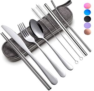 Reusable Utensils Set with Case Portable Travel Utensils Cutlery Set Stainless Steel Flatware Set for Camping 8pcs Including Dinner Knife Fork Spoon Chopsticks Boba Straw (Silver)