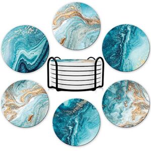 Dooke Coasters for Drinks, Round Absorbent Ceramic Stone Coasters Set of 6 with Cork Base, Funny Drink Coasters with Holder for Cold Drinks Wine Mugs and Cups Tabletop Protection, 4 Inches,Teal Marble