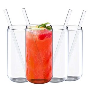 Jucoan 4 Pack 18 oz Can Shaped Beer Glass, Premium Handmade Clear Drinking Glass Cups with 4 Reusable Glass Straws for Water, Wine, Beer, Cocktails and Mixed Drinks