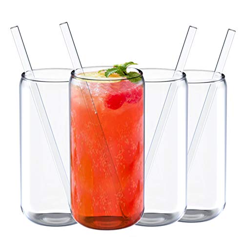 Jucoan 4 Pack 18 oz Can Shaped Beer Glass, Premium Handmade Clear Drinking Glass Cups with 4 Reusable Glass Straws for Water, Wine, Beer, Cocktails and Mixed Drinks | The Storepaperoomates Retail Market - Fast Affordable Shopping