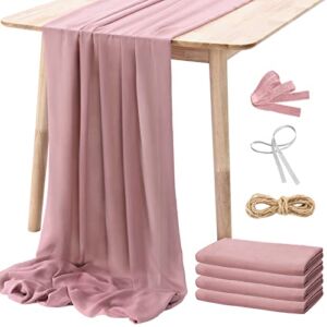 NETANY 4PCS Dusty Rose Chiffon Table Runner 29×120 Inches, Romantic Dusty Pink Sheer Fabric for Wedding Decorations, Baby Shower and Birthday Party Cake Table Decorations