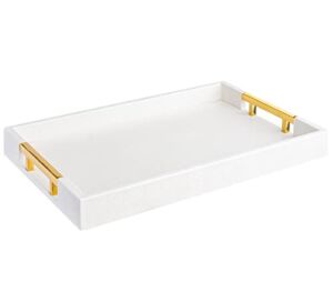 Modern Elegant 18″x12″ Rectangle White Glossy Shagreen Decorative Ottoman Coffee Table Perfume Living Room Kitchen Serving Tray with Gold Polished Metal Handles by Home Redefined for All Occasion’s