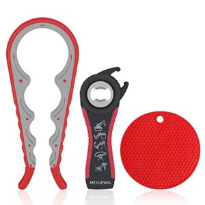 Jar Opener- Pad Rubber Jar Can Lid Opener, 5 in 1 Multi Function Can Opener Bottle Opener Kit with Silicone Handle Easy to Use for Children, Elderly and Arthritis Sufferers (JAR+D RED)