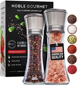 Salt & Pepper Grinder Set of 2 – Refillable Mills & Shakers – For Pink Himalayan & Sea Salt, Black Peppercorn, Spices – Stainless Steel, Large Glass – Adjustable Ceramic Coarse – Premium Gift Box Pack