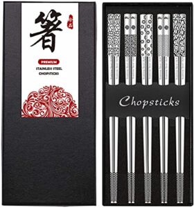 Metal Chopsticks Stainless Steel Reusable Chopsticks 18/8 Cute Laser Engraved Non-slip Korean Japanese Chinese Chopsticks,18/8 Stainless steel Dishwasher Safe for Cooking Eating 9 1/4 Inches 5 Pairs