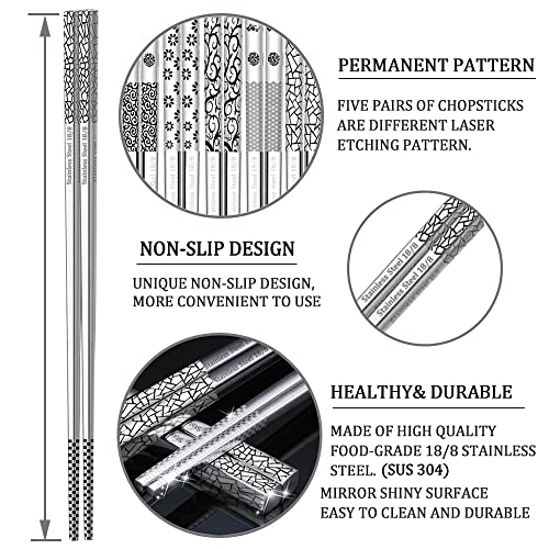 Metal Chopsticks Stainless Steel Reusable Chopsticks 18/8 Cute Laser Engraved Non-slip Korean Japanese Chinese Chopsticks,18/8 Stainless steel Dishwasher Safe for Cooking Eating 9 1/4 Inches 5 Pairs | The Storepaperoomates Retail Market - Fast Affordable Shopping
