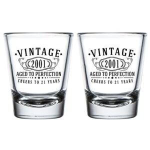 2pk Vintage 2001 Printed 1.75oz Shot Glasses – 21st Birthday Gift Aged to Perfection – 21 years old Anniversary