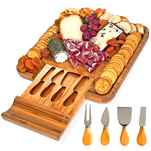 Frux Cheese Board and Knife Set. Wood Charcuterie Board Set, A Perfect Serving Platter for Meat, Cheese, Crackers and Wine. All Natural Bamboo with 4 Stainless Steel Cheese Knives and Server. | The Storepaperoomates Retail Market - Fast Affordable Shopping
