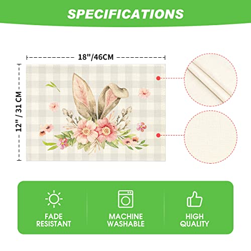 Artoid Mode Buffalo Plaid Bunny Rabbit Ears Flower Easter Placemats for Dining Table, 12 x 18 Inch Spring Summer Seasonal Holiday Rustic Vintage Washable Table Mats Set of 4 | The Storepaperoomates Retail Market - Fast Affordable Shopping