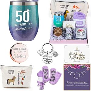 50th Birthday Gifts for women, 6 Special & Unique Gifts Box for Mom Sister Best Friend Wife Grandma Coworker | Funny Wine Gift Sets Ideas Mirror Funny Socks Jewelry Makeup Bag Keychain