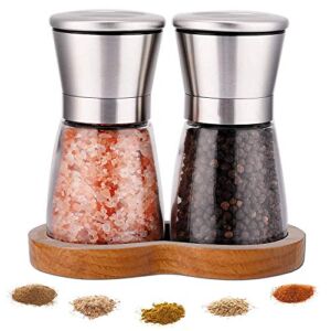 LessMo Salt and Pepper Grinder Set with Wooden Standing Tray, Refillable Pepper Mill Set – Brushed Stainless Steel – Short Glass Shakers with Adjustable Coarseness for Peppercorn, Salt or Spice Mill