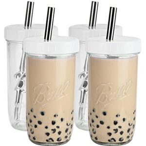 Mixrug Glass Bubble Tea Cups 4 Pack 24 oz, Reusable Wide Mouth Smoothie Cups, Iced Coffee Cups With White Lids and Silver Straws Mason Jars Glass Cups, Travel Glass Drinking Bottle