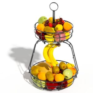 VISENTOR Detachable 2 Tier Fruit Basket Bowl with Banana Hanger, Countertop Fruit Stand with Handle, Wired Metal Kitchen Counter Dining Table Snack Vegetable Storage Holder – Diameter 11.4″